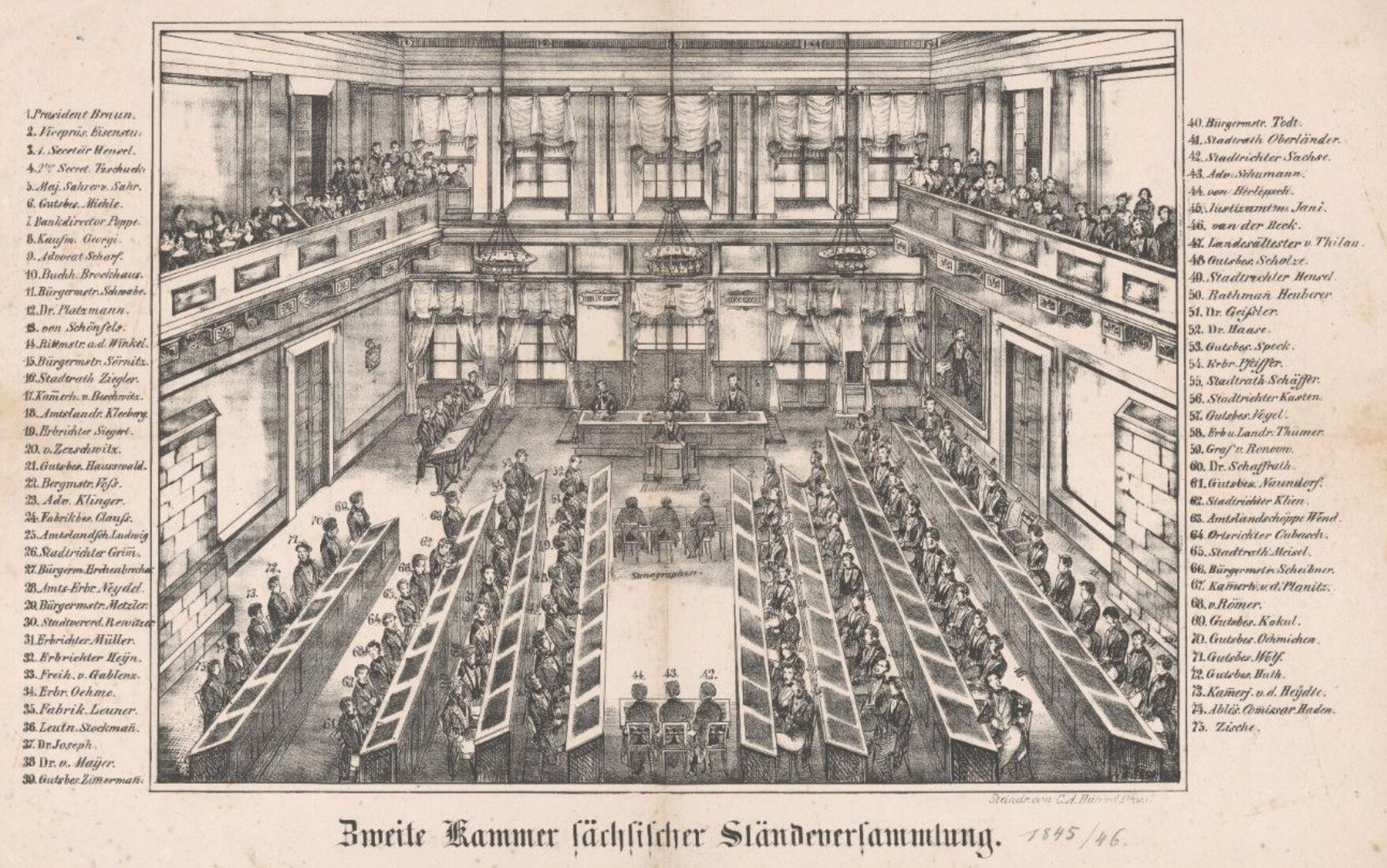 Zeichnung der Zweiten Kammer mit Mitgliederverzeichnis der Sächsischen Ständeversammlung 1845/46