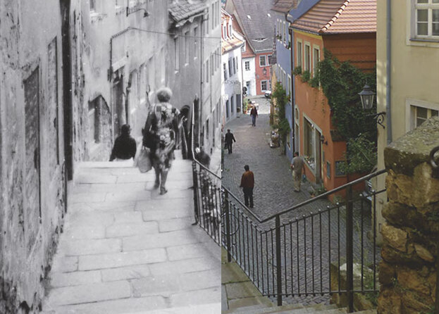 Collage eines alten und neuen Bildes eines Treppenaufgangs.
