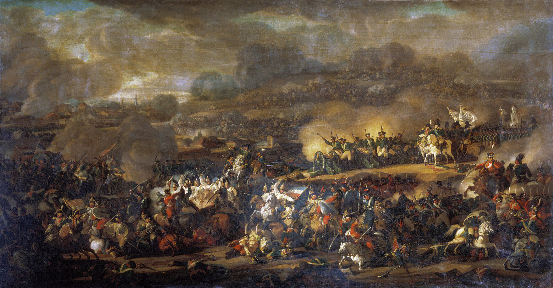 Gemälde des Schlachtgetümmels mit Reiterei und Artillerie